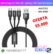 Cable de Carga 3 en 1 Micro USB + Lightning + USB C Rapid Series Baseus