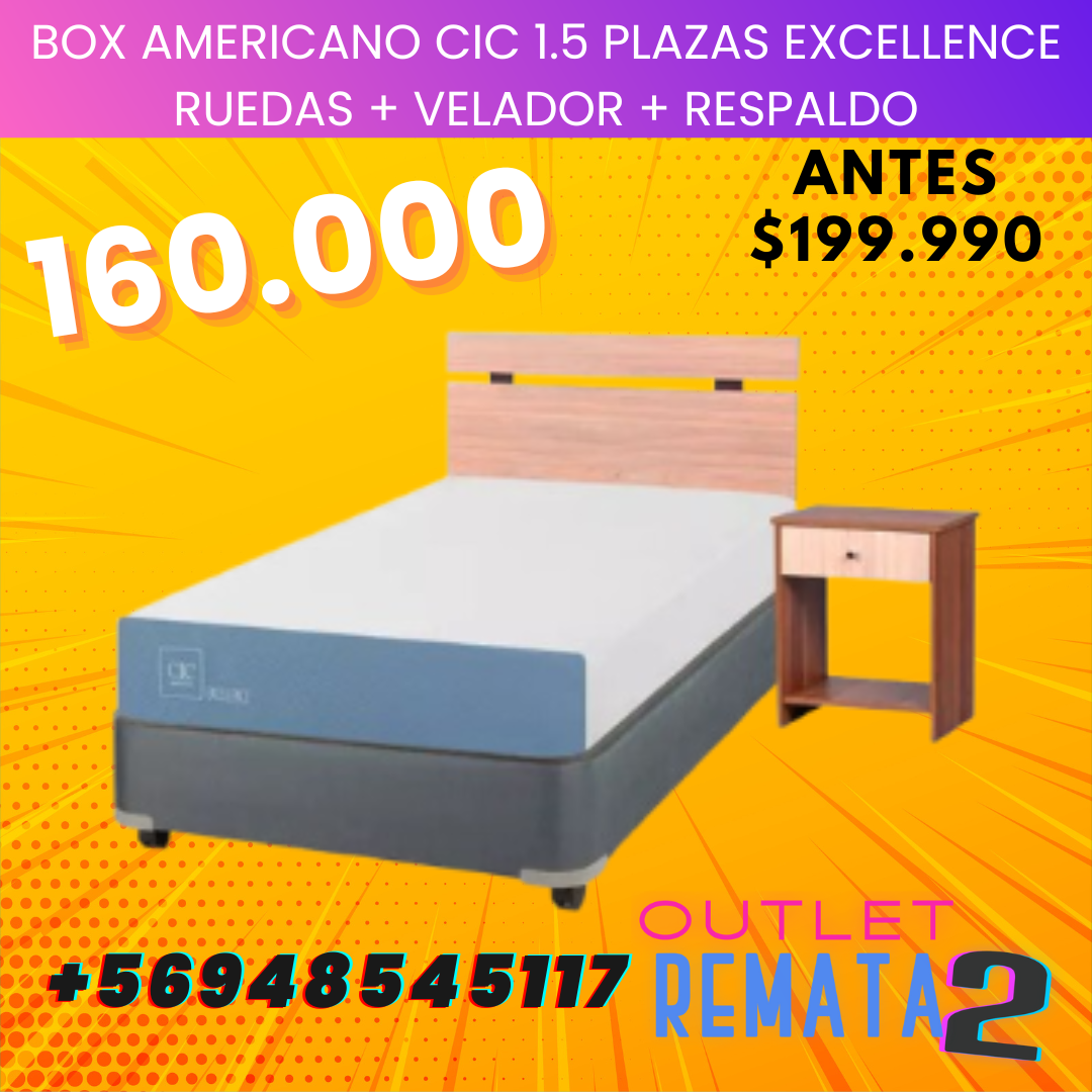 Box Americano 1.5 Plazas Excellence Ruedas + velador + respaldo