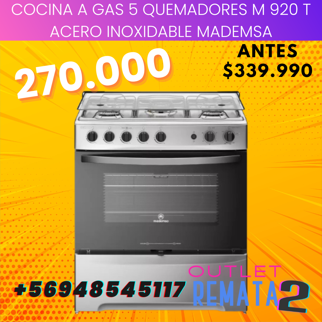 Cocina a Gas 5 Quemadores M 920 T Acero Inoxidable MADEMSA