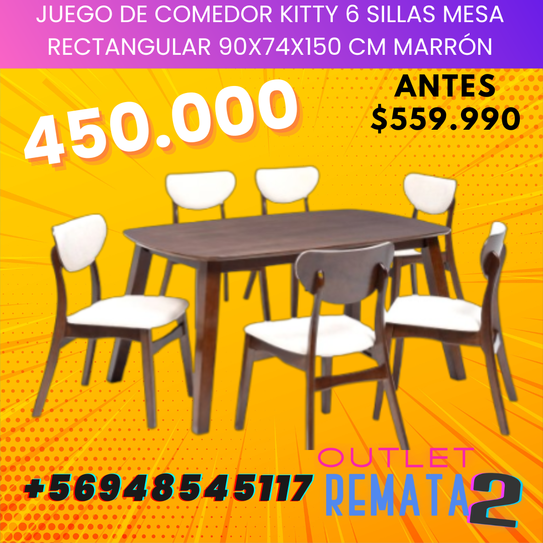 Juego de Comedor Kitty 6 Sillas Mesa Rectangular 90x74x150 cm Marrón
