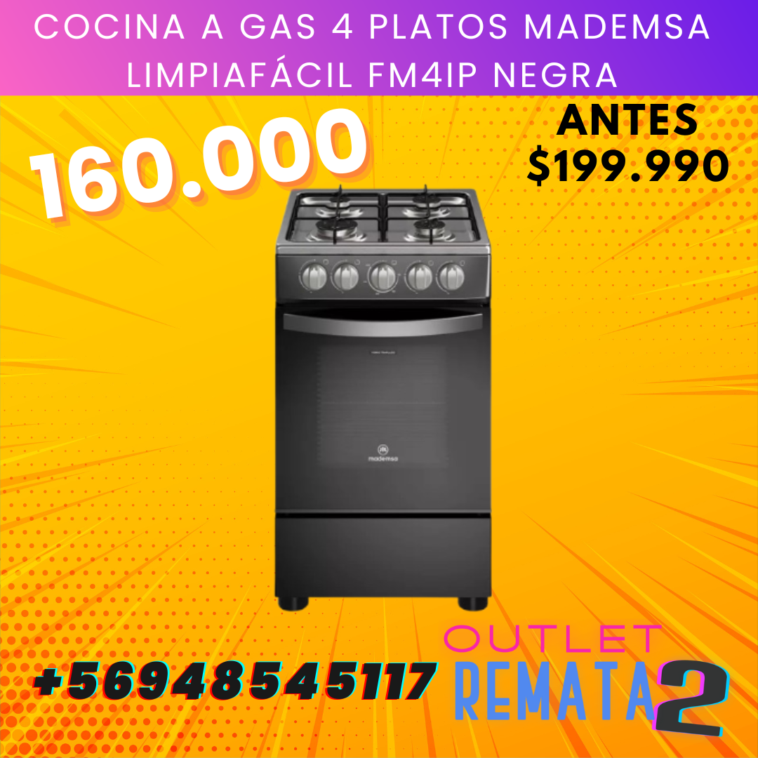 Cocina a Gas 4 Platos Mademsa LimpiaFácil FM4IP Negra