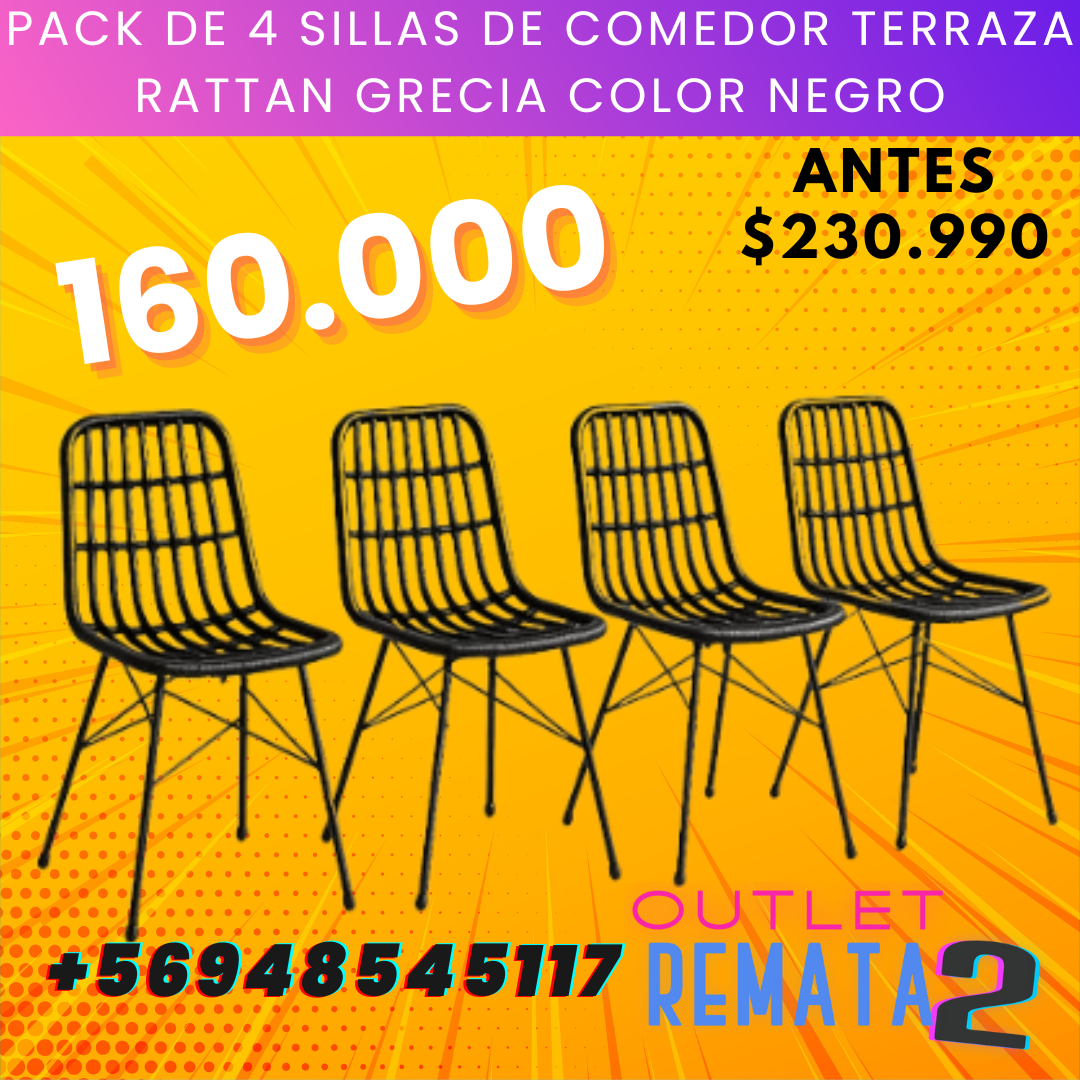 Pack de 4 Sillas de Comedor Terraza Rattan Grecia Color Negro