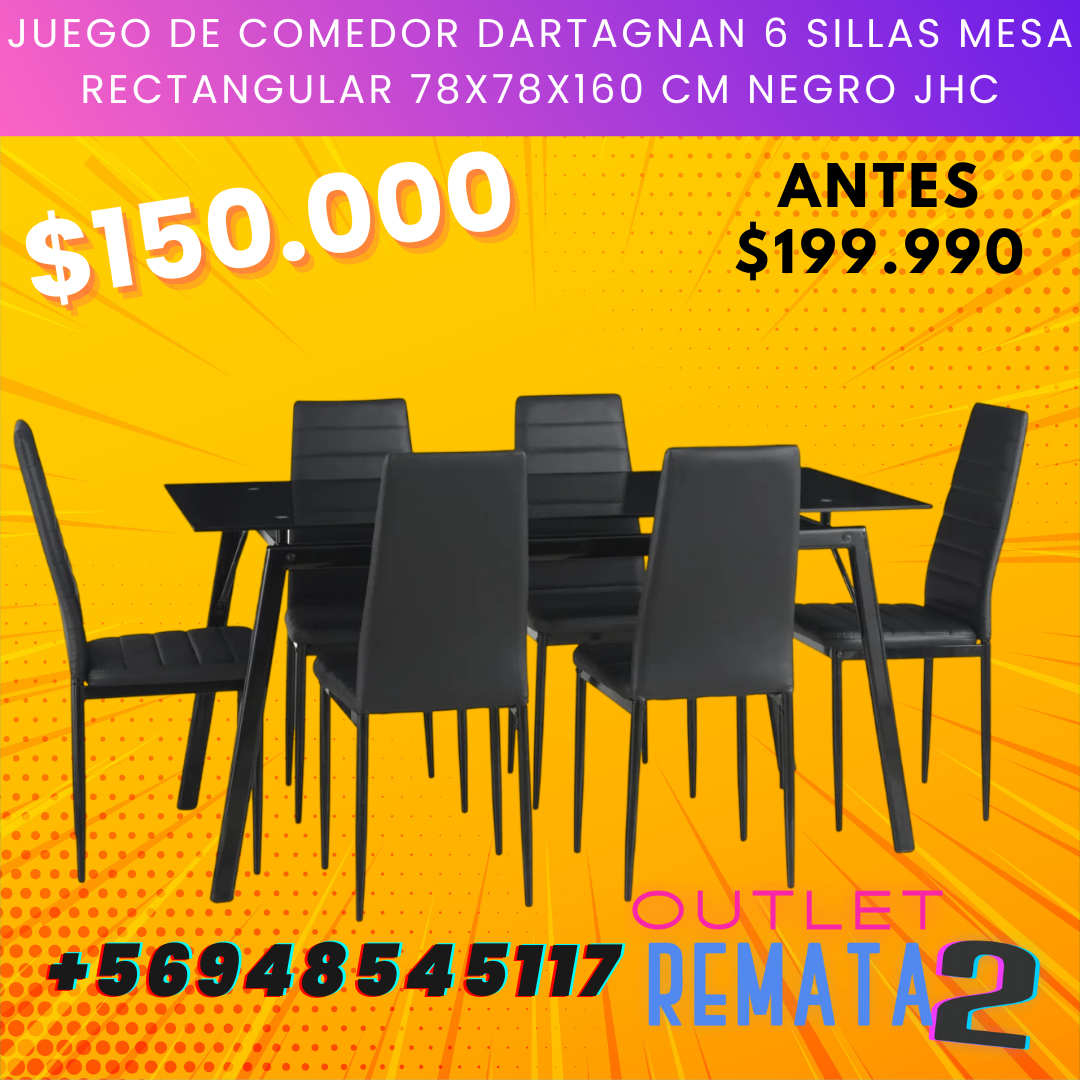 Juego de Comedor Dartagnan 6 Sillas Mesa Rectangular 78x78x160 cm Negro JHC