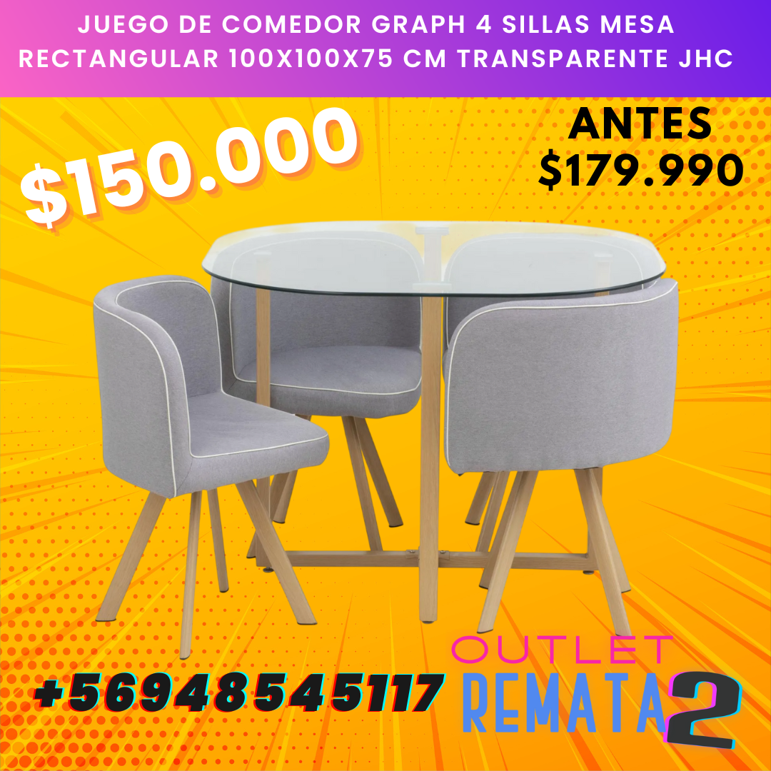 Juego de Comedor Graph 4 Sillas Mesa Rectangular 100x100x75 cm Transparente jhc