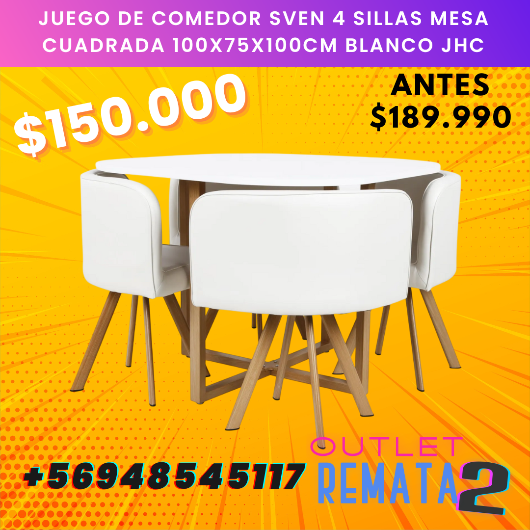 Juego de Comedor Sven 4 Sillas Mesa Cuadrada 100x75x100 cm Blanco jhc