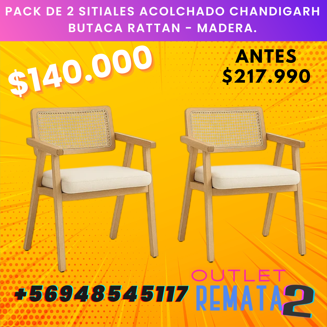 Pack de 2 Sitiales Acolchado Chandigarh Butaca Rattan - Madera