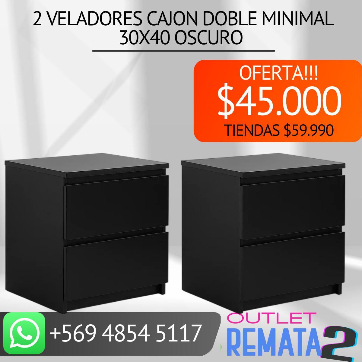 2 Veladores Cajon Doble Minimal 30x40 Oscuro