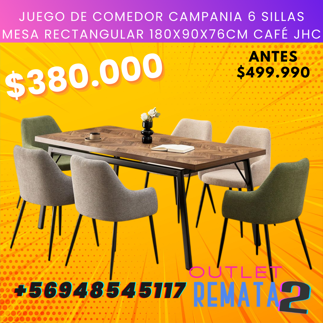 Juego de Comedor Campania 6 Sillas Mesa Rectangular 180x90x76cm Café JHC