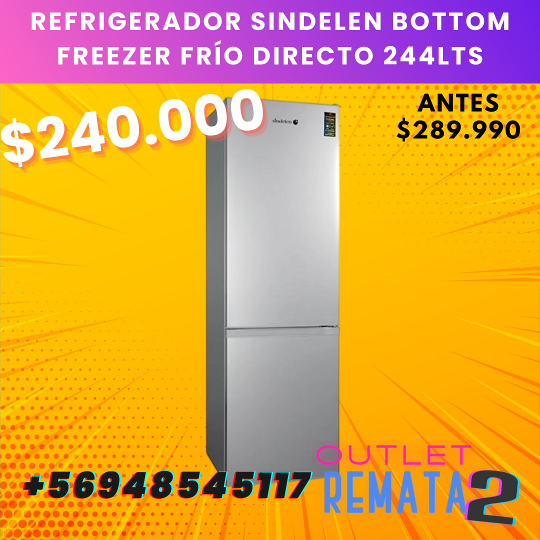 REFRIGERADOR SINDELEN BOTTOM FREEZER FRÍO DIRECTO 244lts
