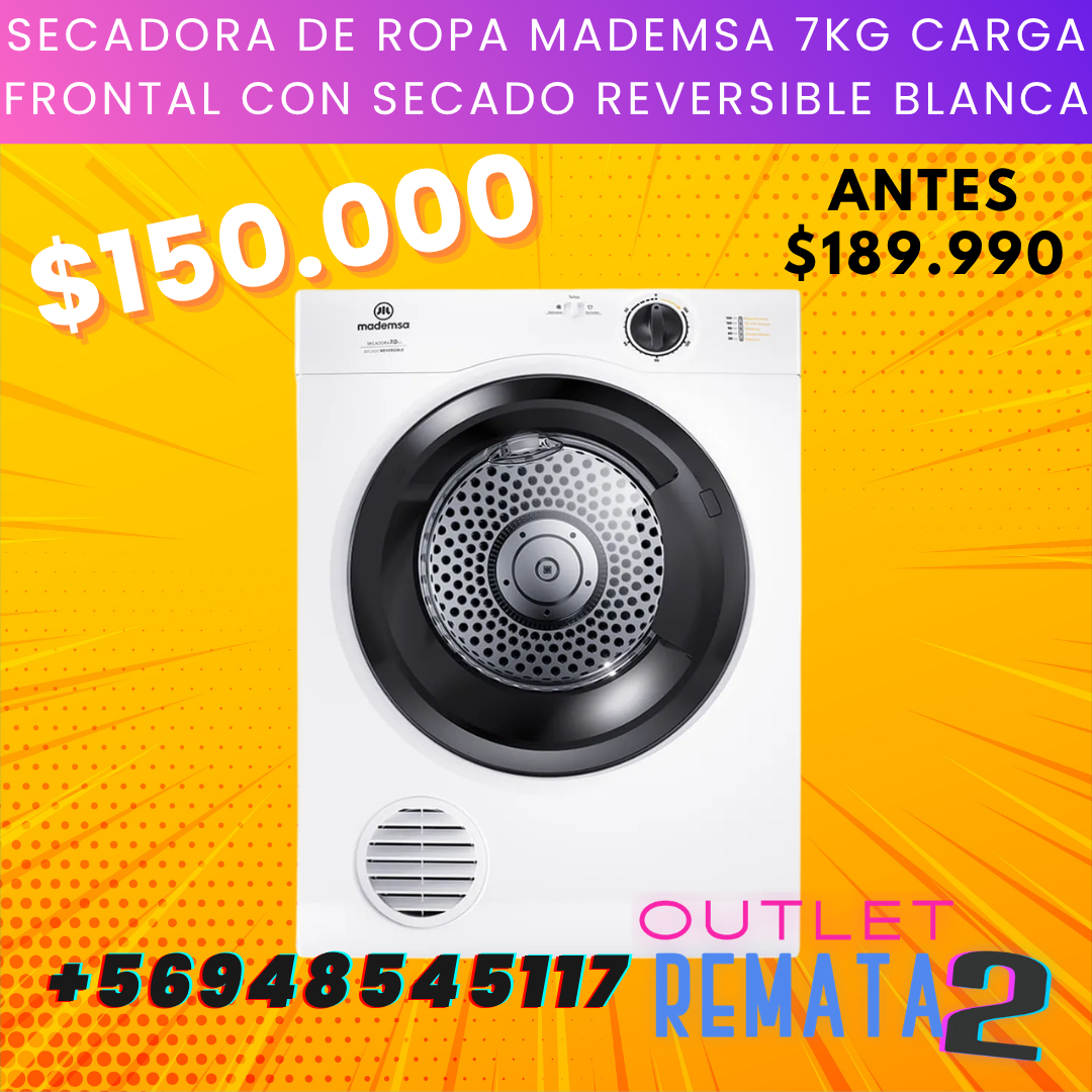 Secadora de Ropa Mademsa 7Kg Carga Frontal con Secado Reversible Blanca