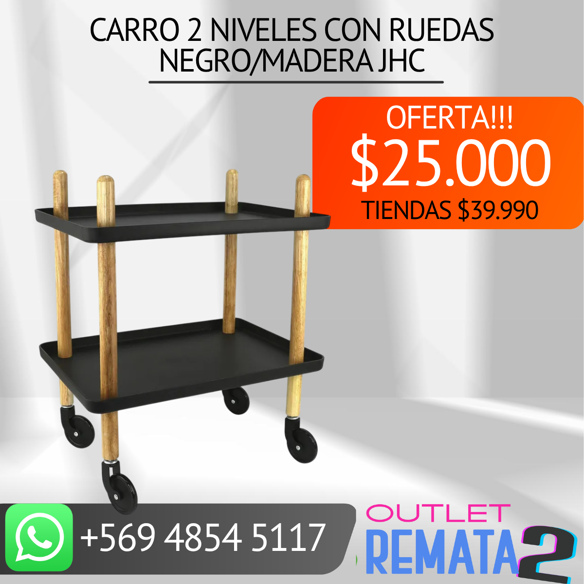 Carro 2 niveles con ruedas negro-madera JHC