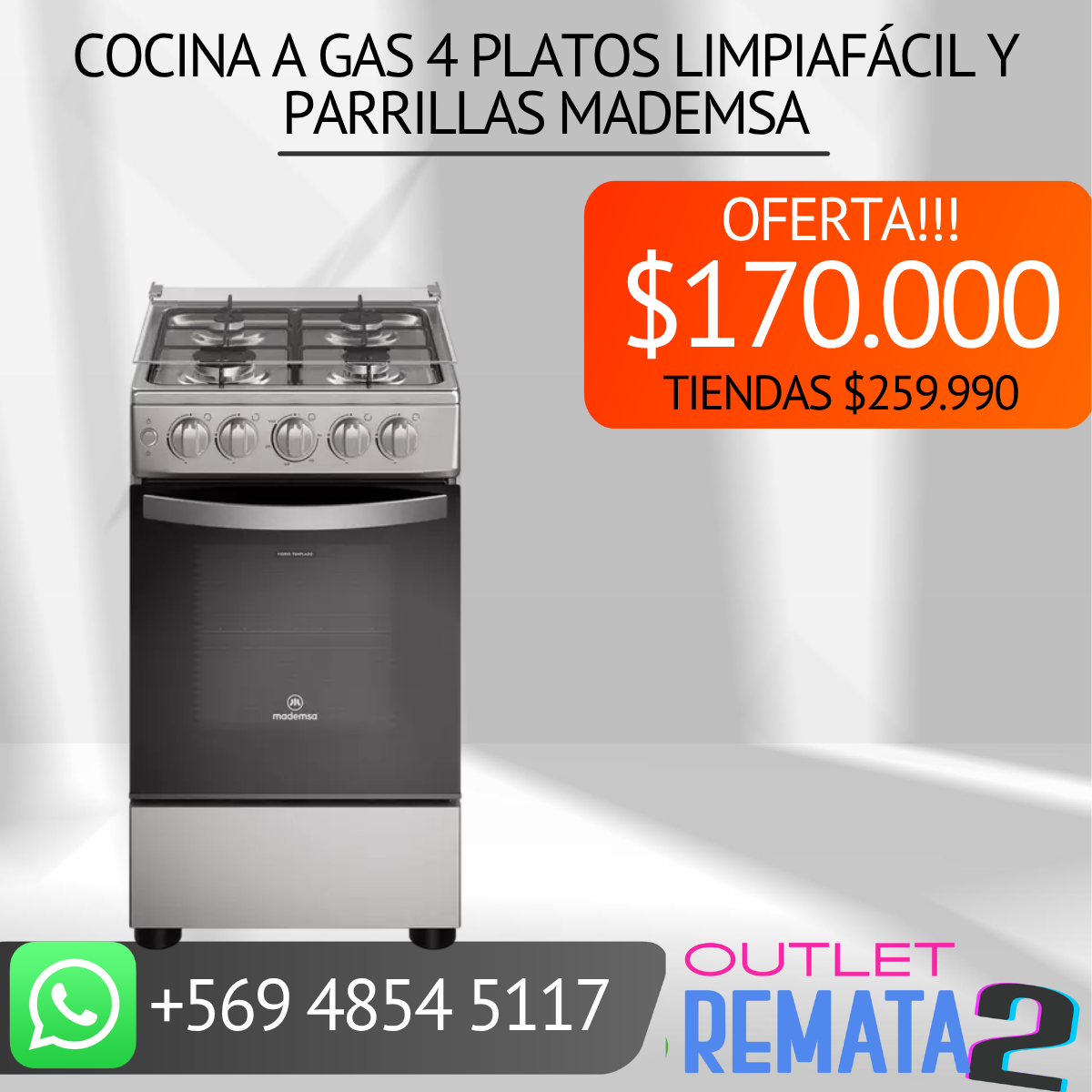 Cocina a Gas 4 Platos LimpiaFácil y Parrillas MADEMSA