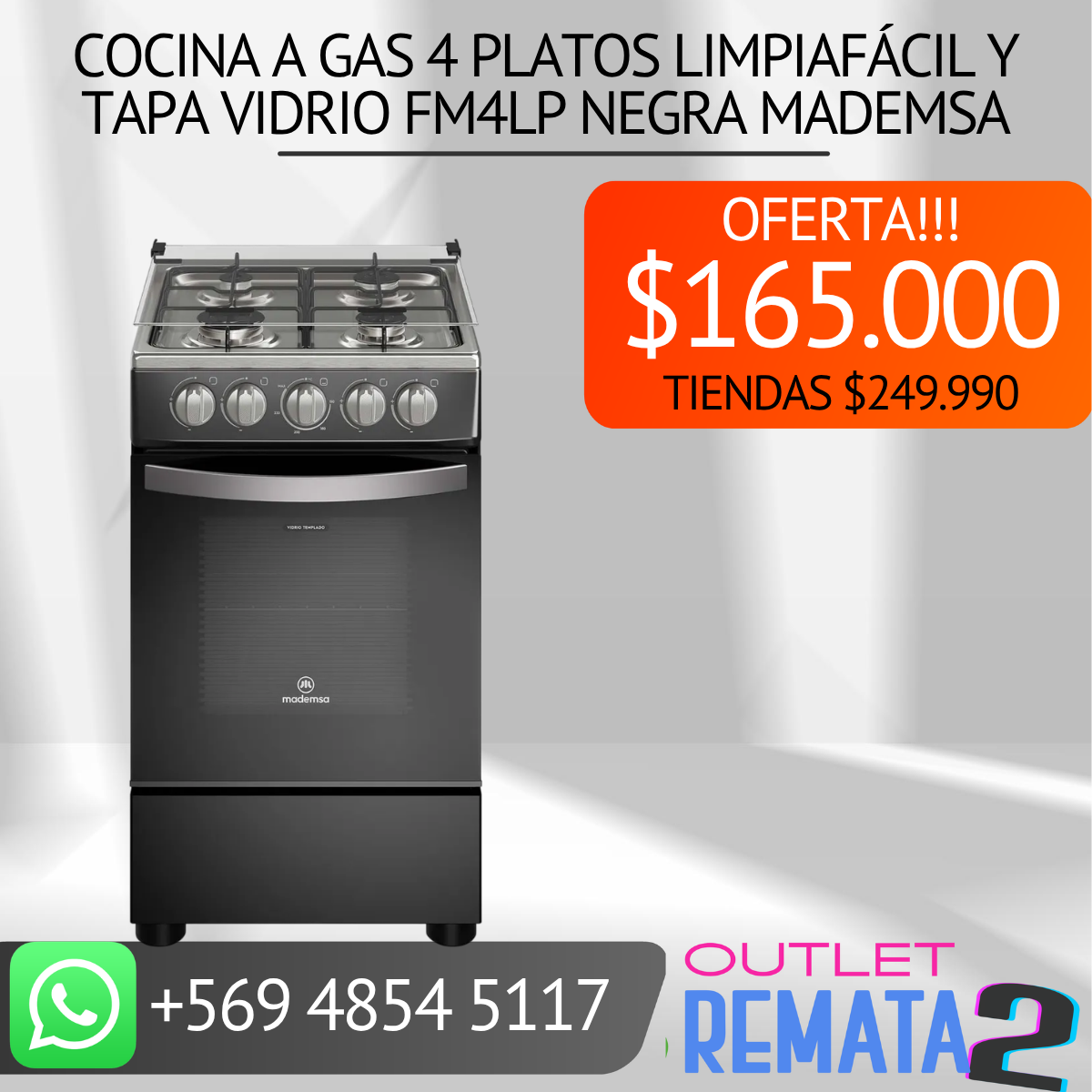 Cocina a Gas 4 Platos LimpiaFácil y Tapa Vidrio FM4LP Negra MADEMSA