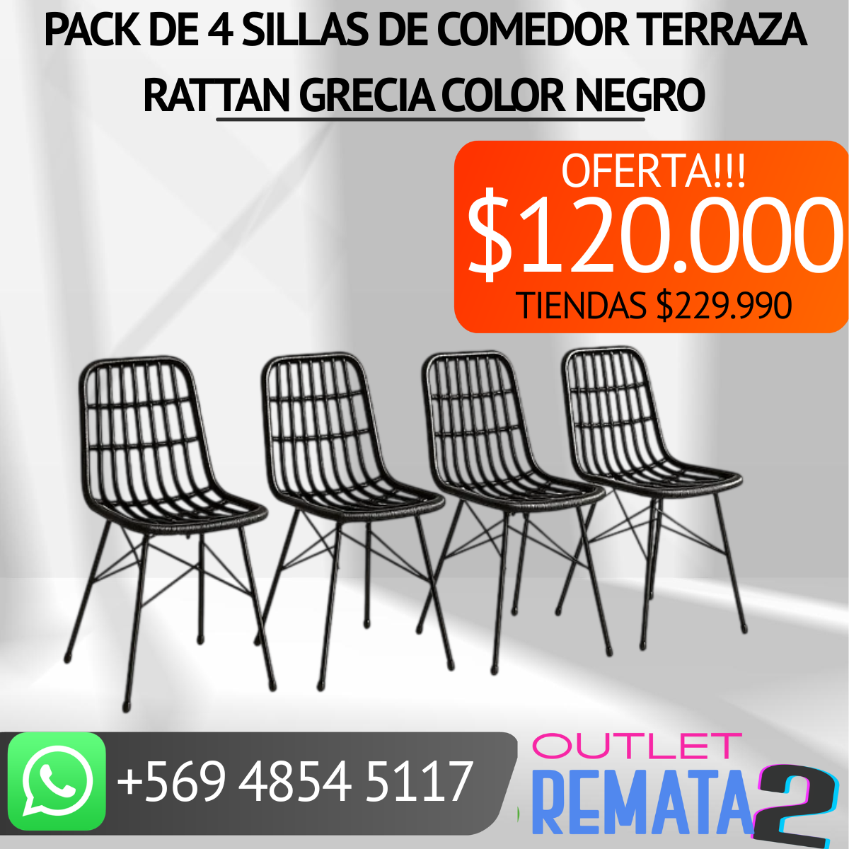 Pack de 4 Sillas de Comedor Terraza Rattan Grecia Color Negro