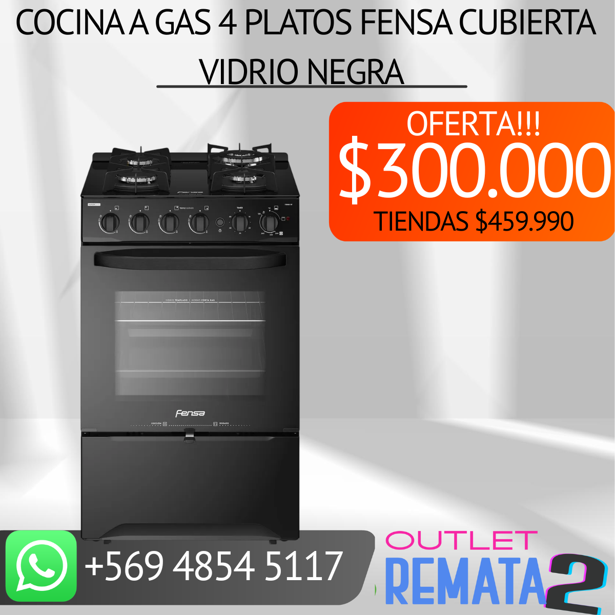 Cocina a Gas 4 Platos Fensa Cubierta Vidrio NEGRA