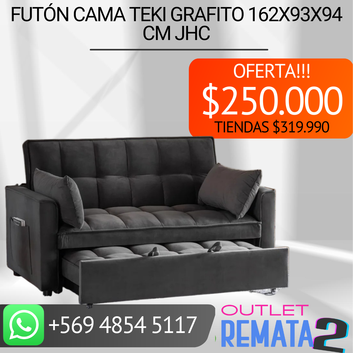 Futón Cama Teki Grafito 162x93x94 cm JHC