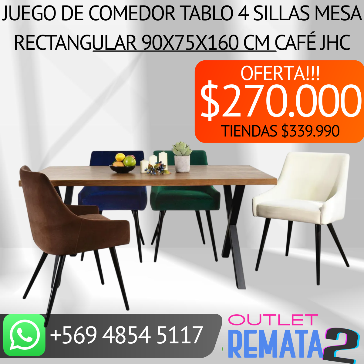 Juego de Comedor Tablo 4 Sillas Mesa Rectangular 90x75x160 cm Café JHC