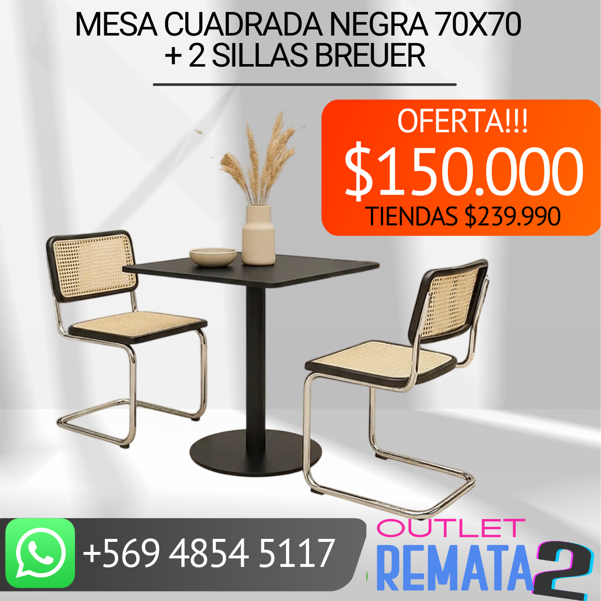 Mesa cuadrada negra 70x70 + 2 sillas breuer