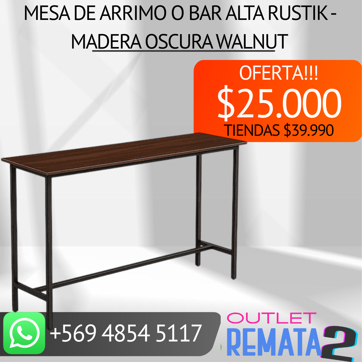 Mesa de Arrimo o Bar Alta Rustik - Madera Oscura Walnut