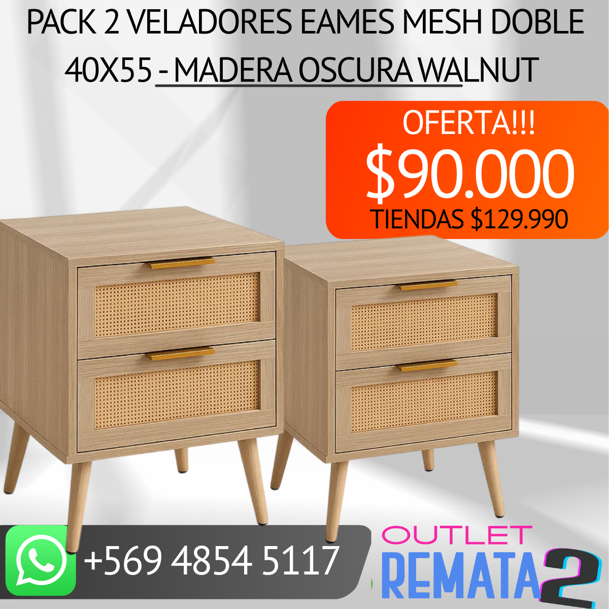Pack 2 Veladores Eames Mesh Doble 40x55 - Madera Oscura Walnut