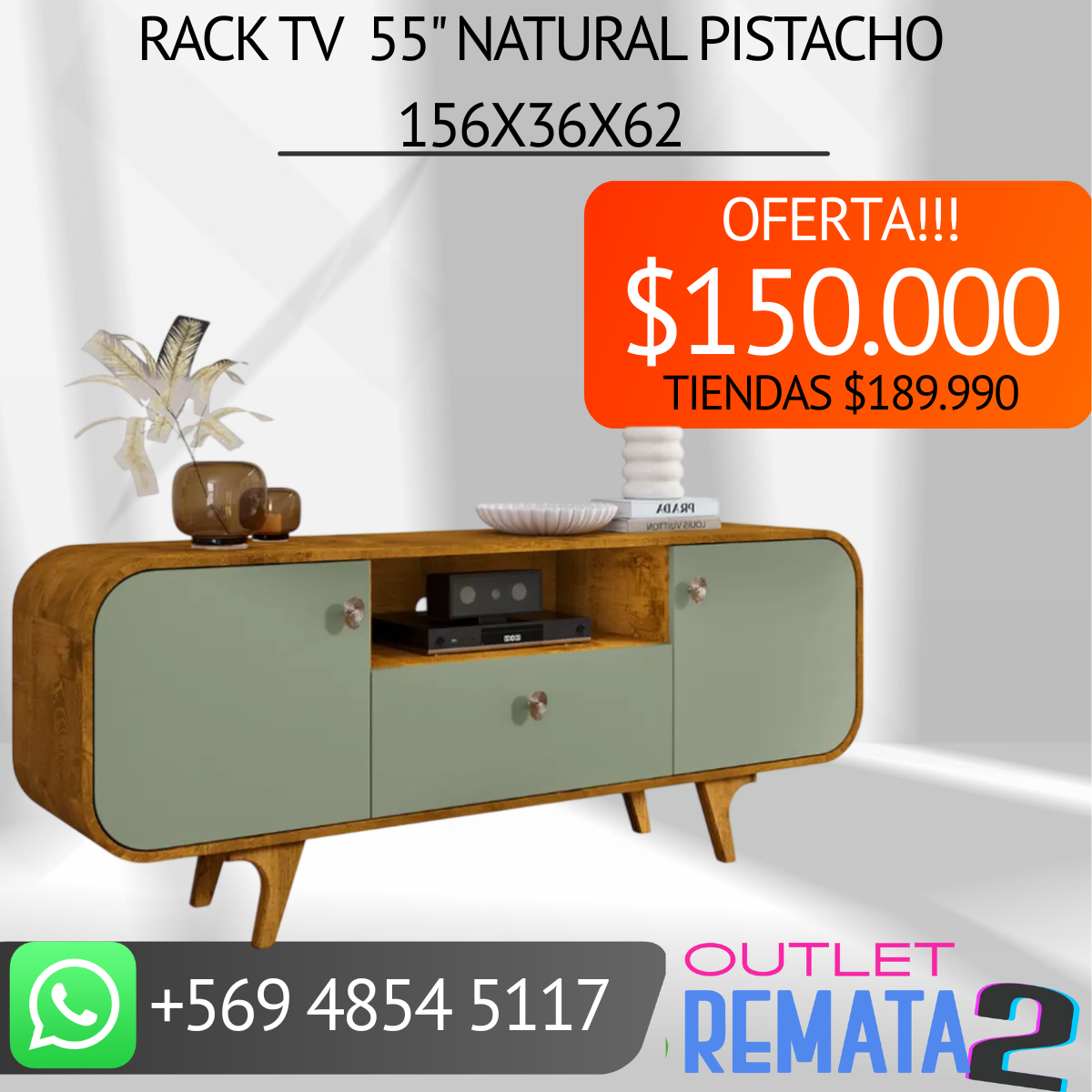 Rack TV natural pistacho 156x36x62