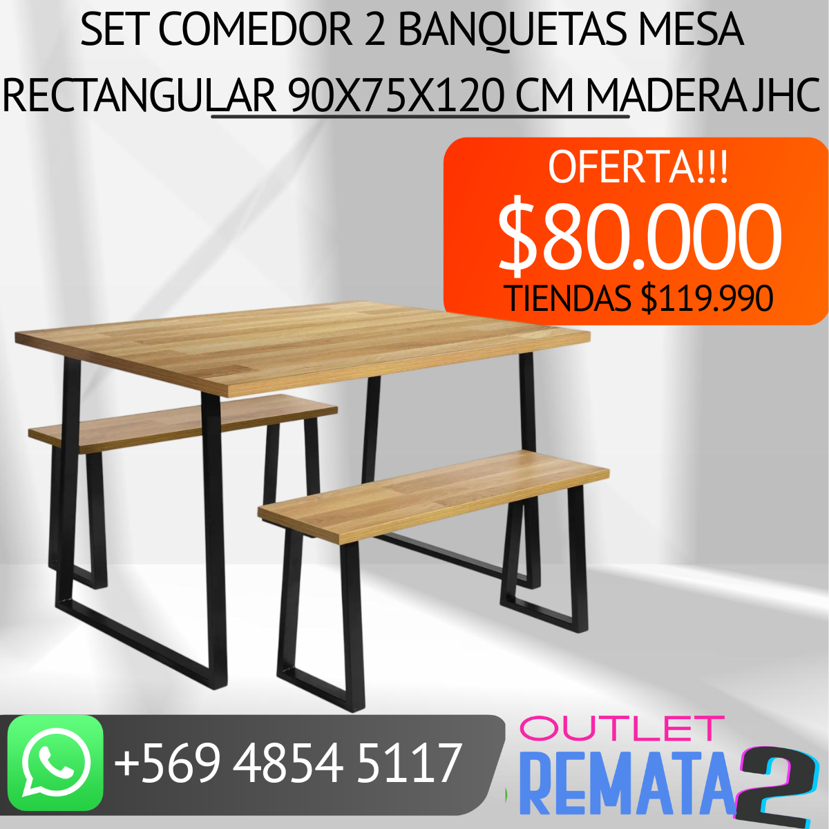 Set Comedor 2 Banquetas Mesa Rectangular 90x75x120 cm Madera JHC
