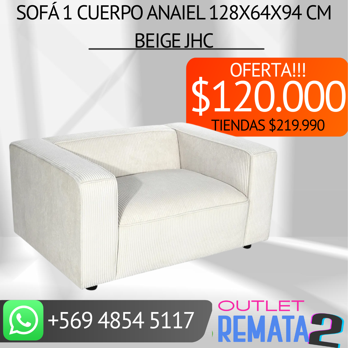 Sofá 1 cuerpo Anaiel 128x64x94 cm Beige JHC