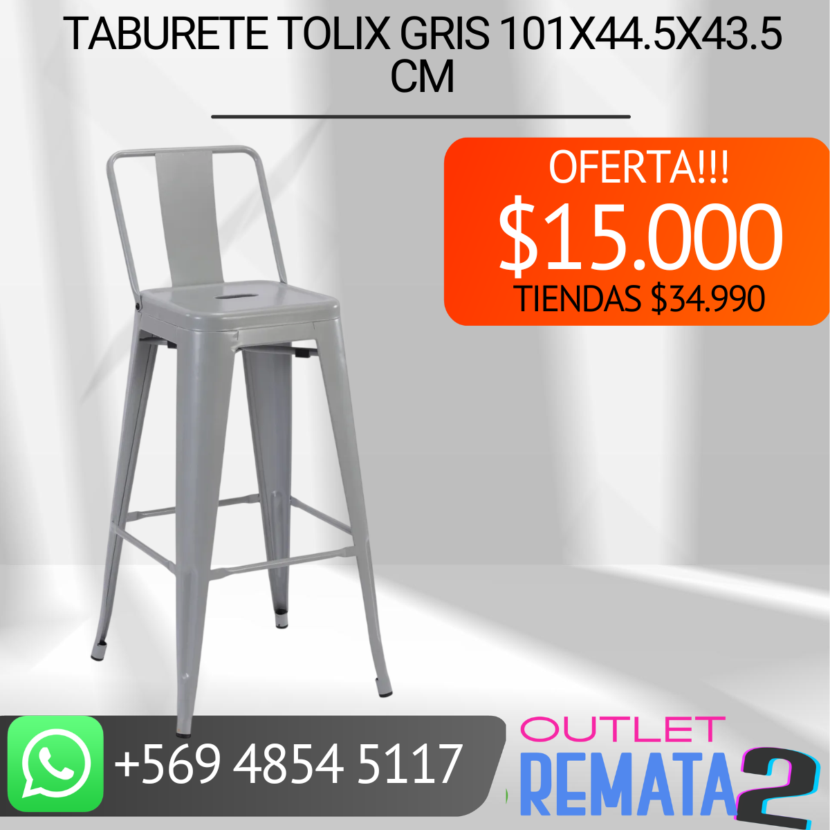 Taburete Tolix gris 101x44.5x43.5 cm