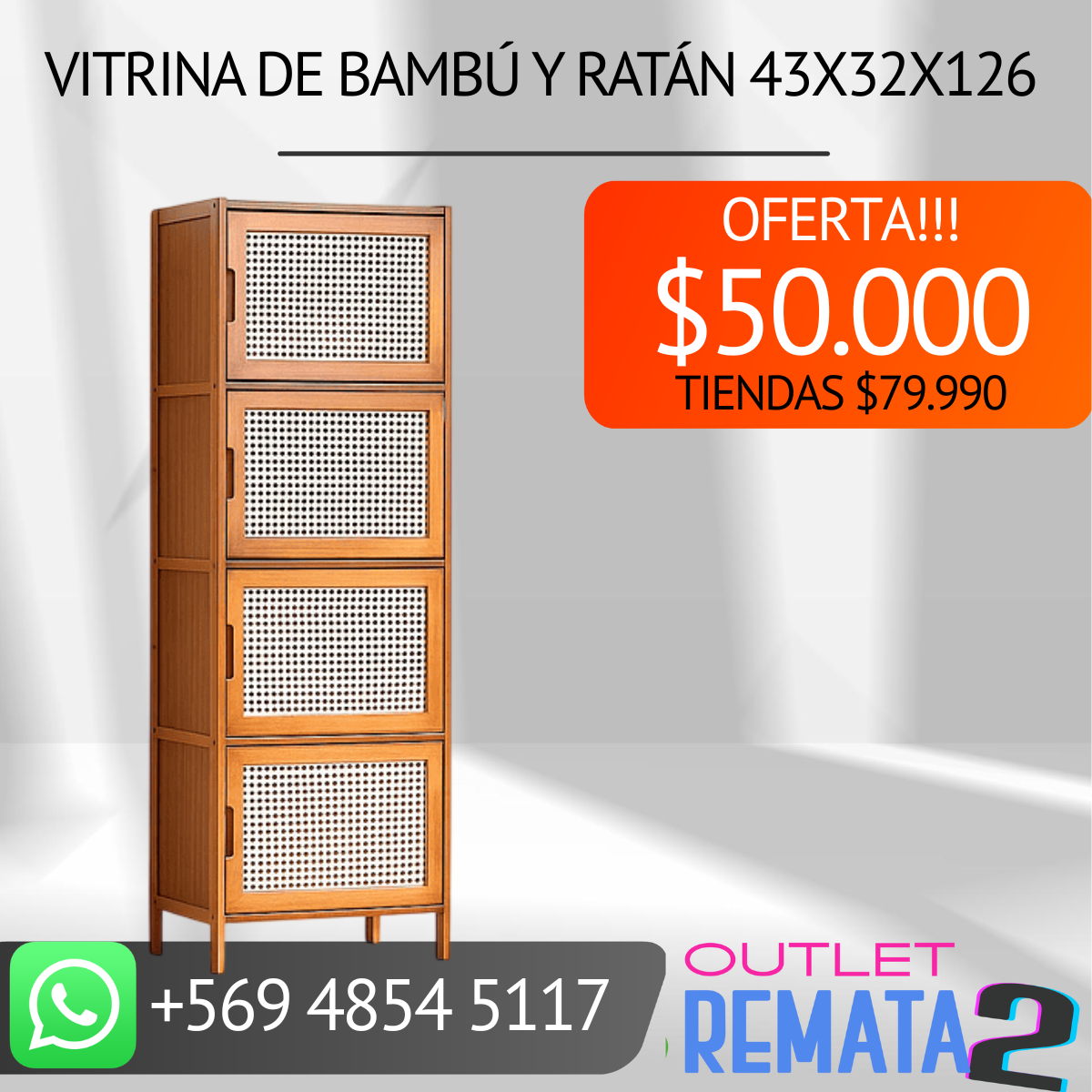 Vitrina de Bambú y Ratán 43x32x126