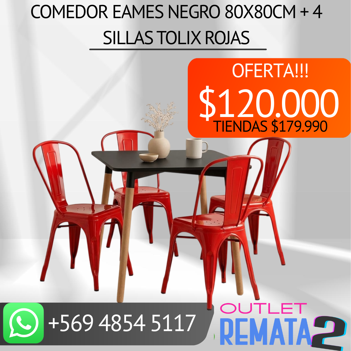 comedor eames negro 80x80cm + 4 sillas tolix rojas