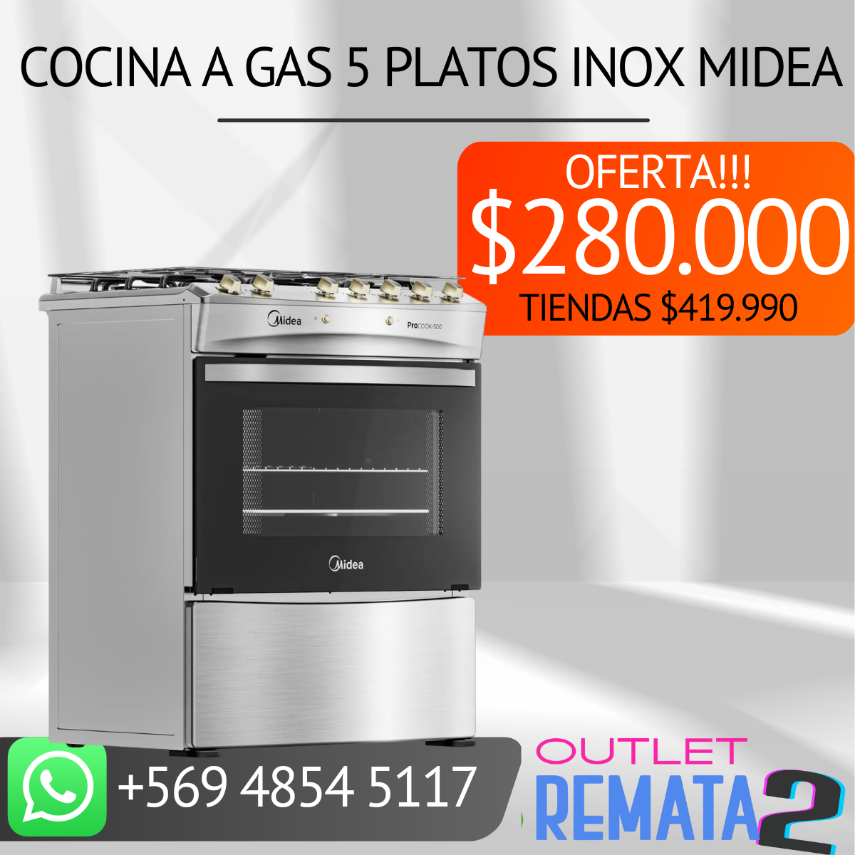 Cocina a Gas 5 Platos Inox MIDEA