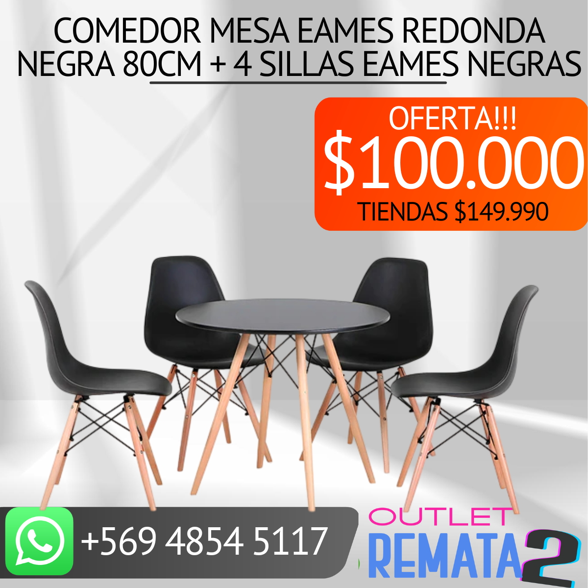 Comedor Mesa Eames Redonda Negra 80cm + 4 Sillas Eames Negras