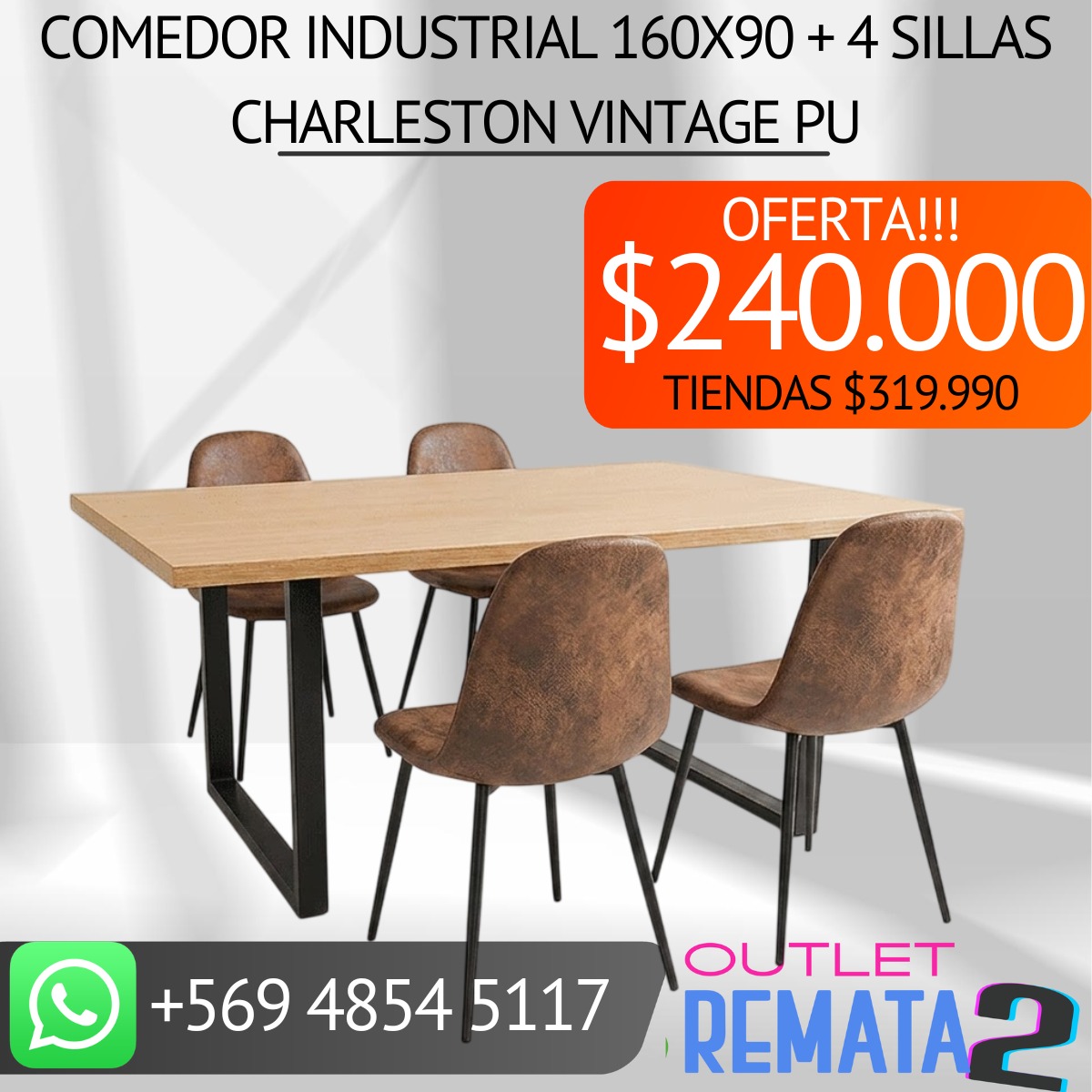 Comedor industrial 90x160 + 4 sillas charleston vintage pu