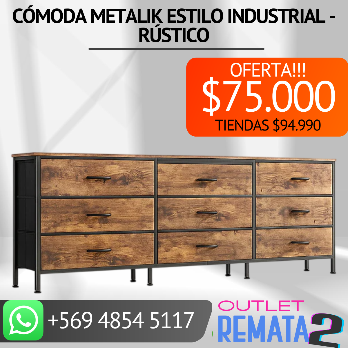 Cómoda Metalik Estilo Industrial - Rústico