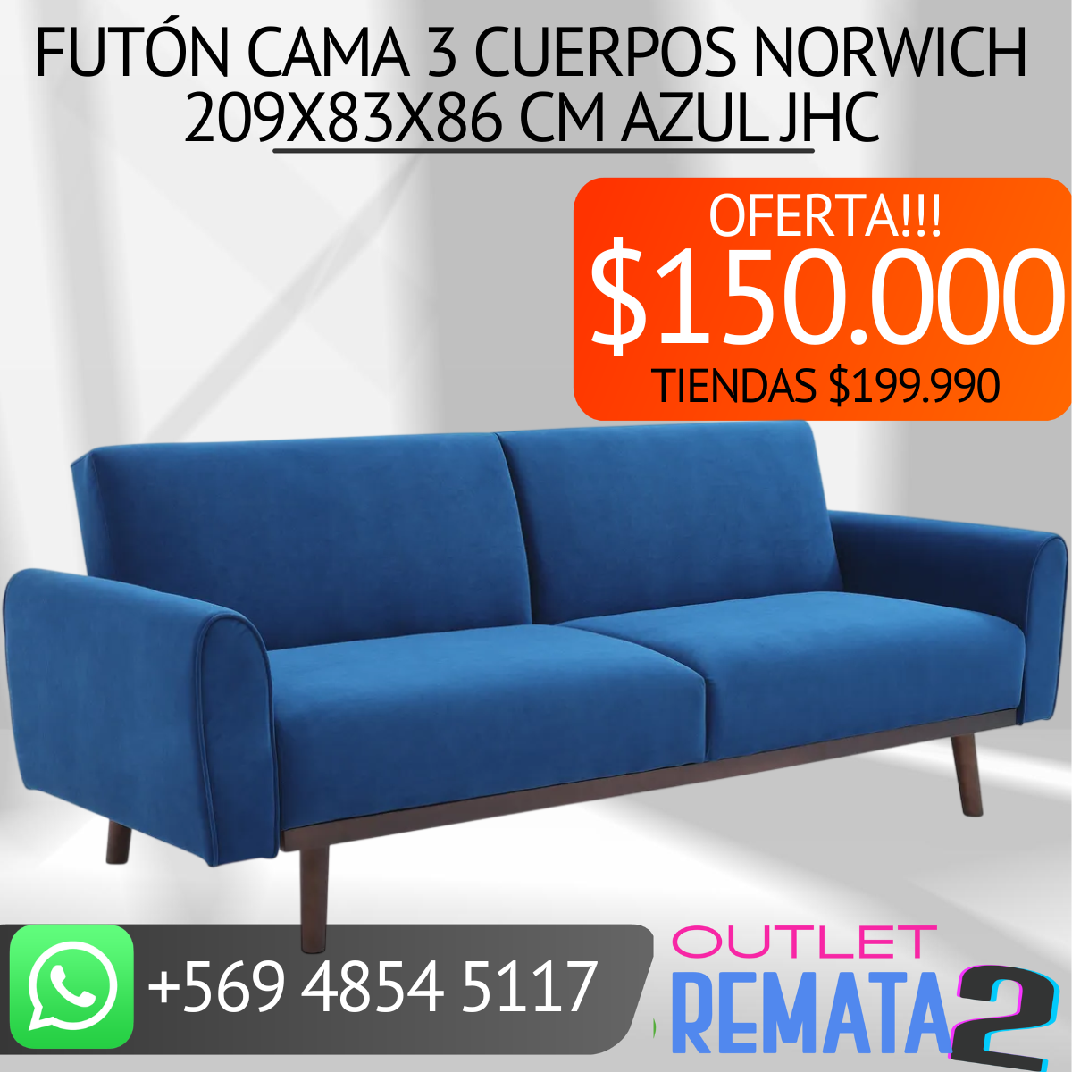 Futón Cama 3 cuerpos Norwich 209x83x86 cm Azul JHC