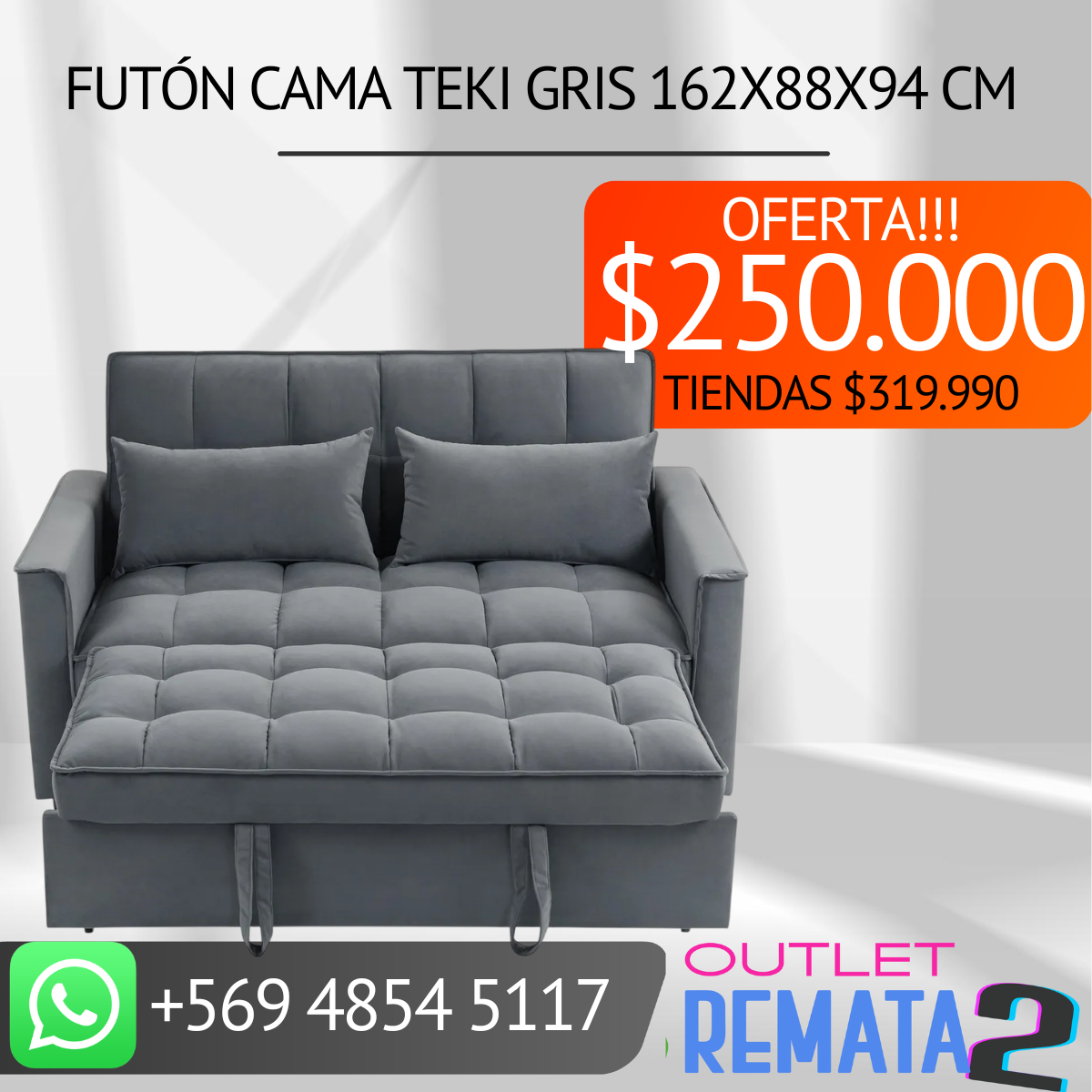 Futón Cama Teki Gris 162x88x94 cm