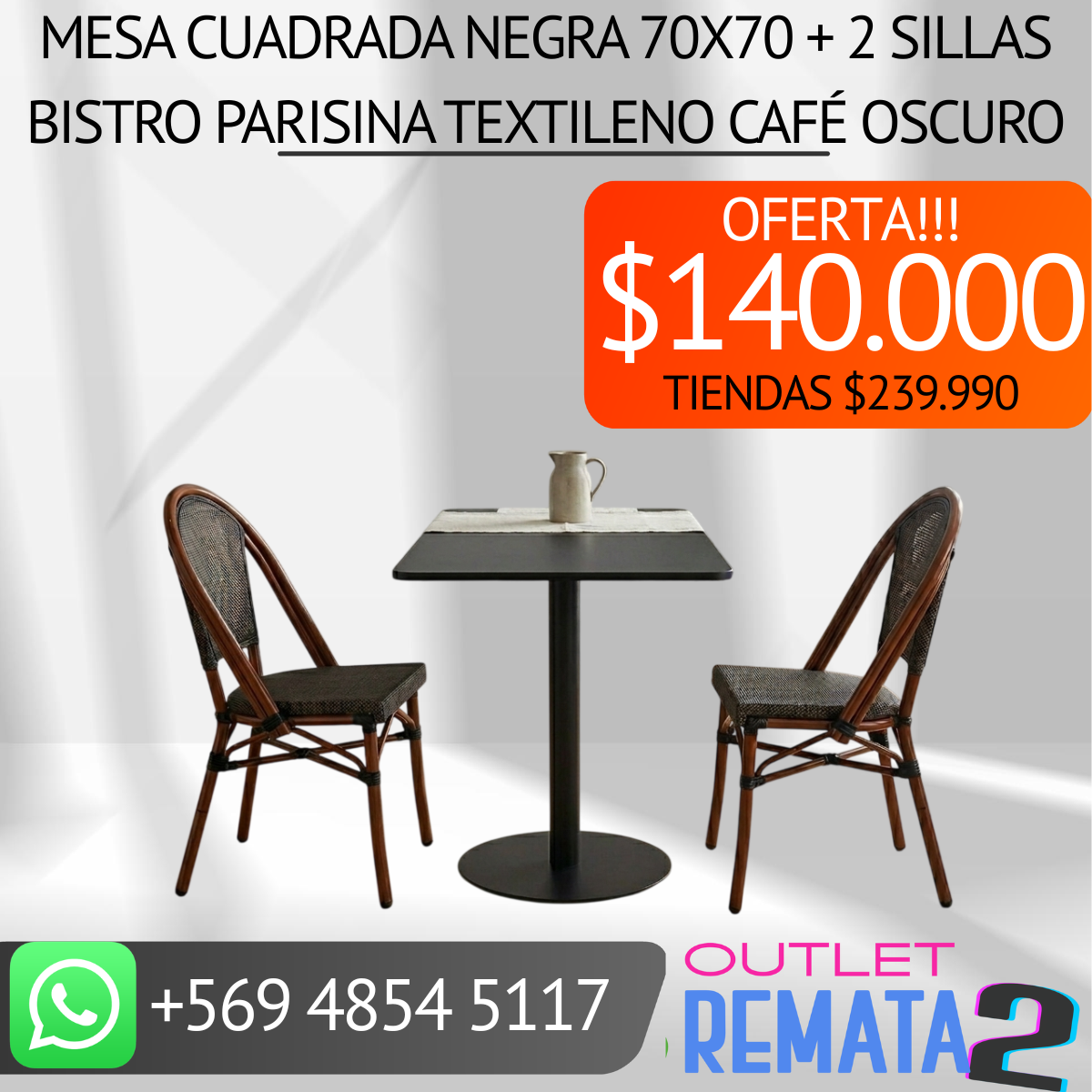 Mesa cuadrada negra 70x70 + 2 sillas Bistro parisina textileno café oscuro