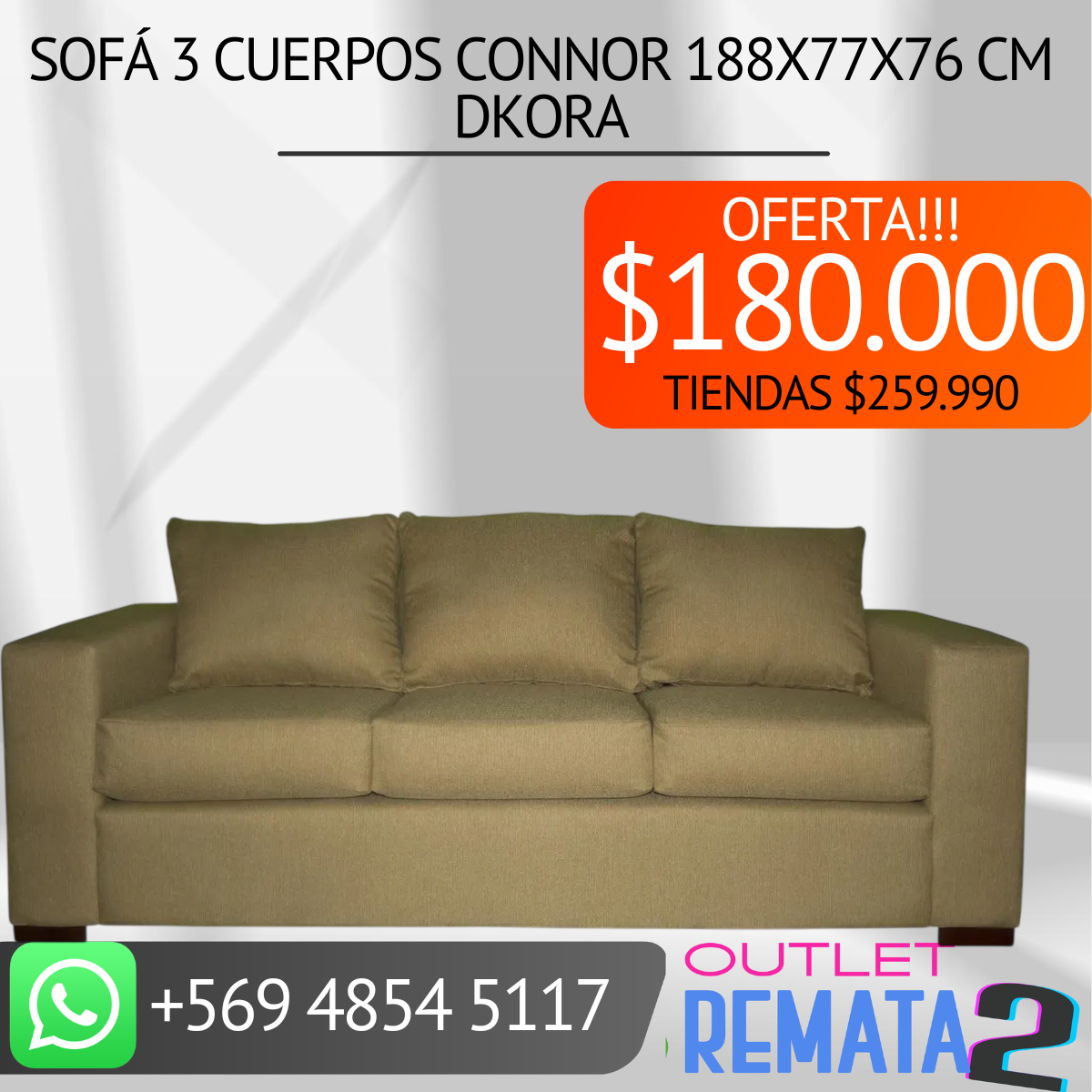 Sofá 3 cuerpos connor 188x77x76 cm DKORA