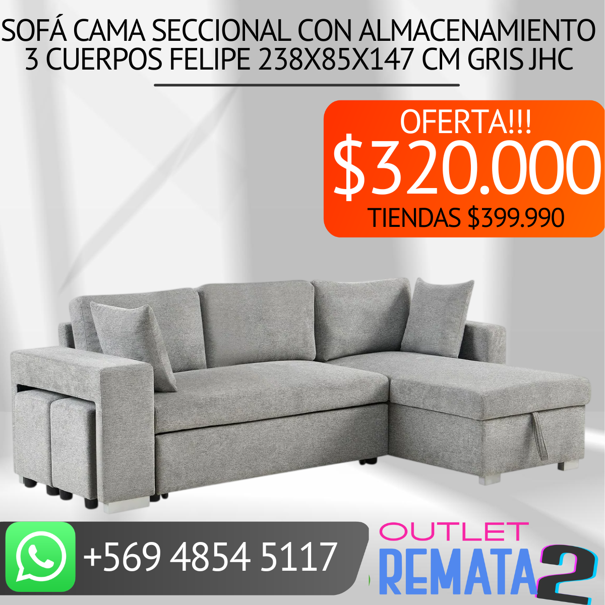 Sofá Cama Seccional con Almacenamiento 3 cuerpos Felipe 238x85x147 cm Gris JHC