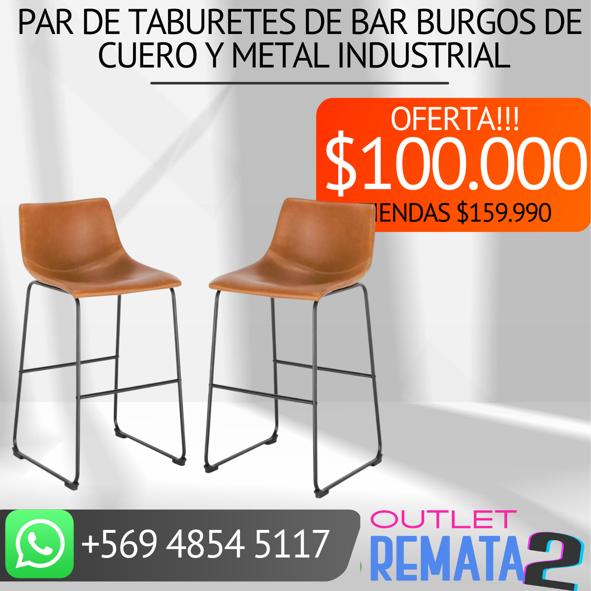 Taburete de bar Burgos de cuero y metal industrial