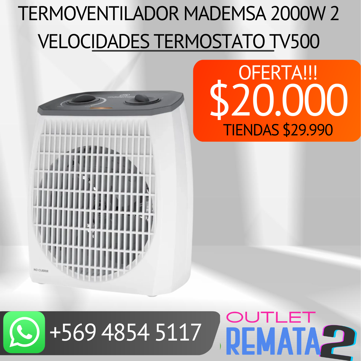 Termoventilador Mademsa 2000w 2 Velocidades Termostato Tv500