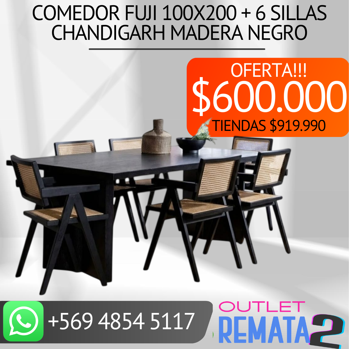 comedor fuji 100x200 6 sillas chandigarh madera negro
