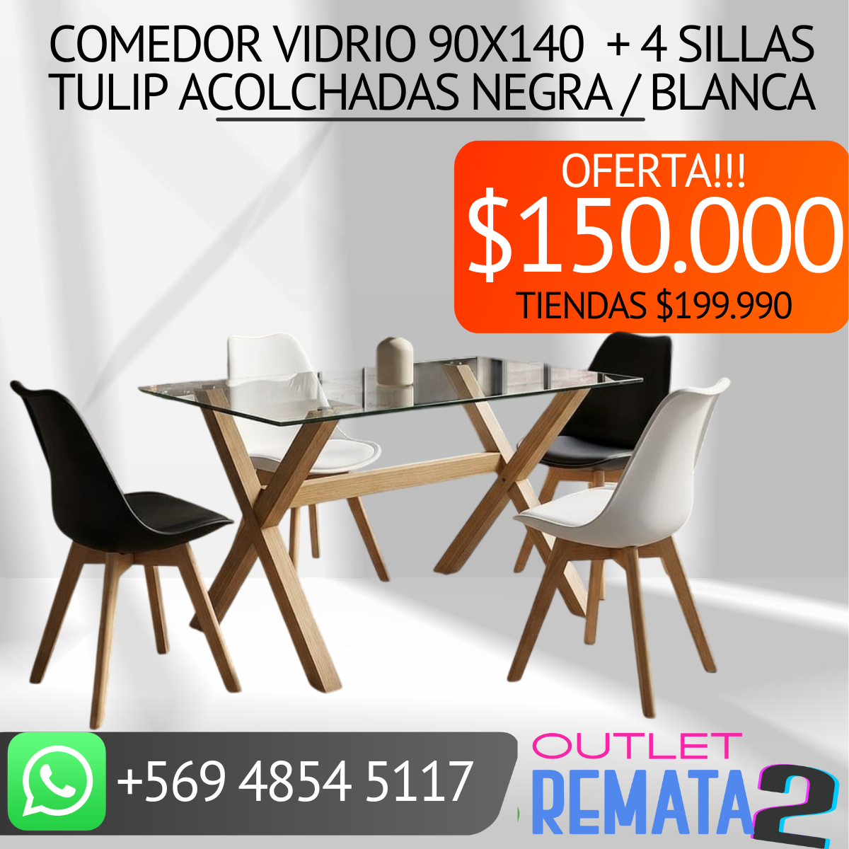 comedor vidrio 90x140 4 sillas tulipm acolchadas
