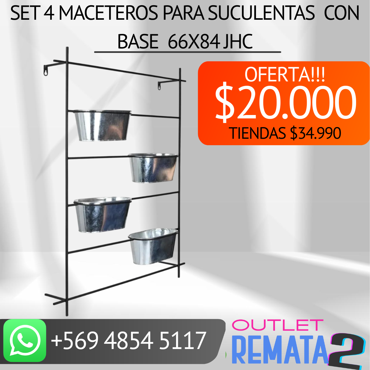 set 4 maceteros para suculentas con base 66x84 jhc