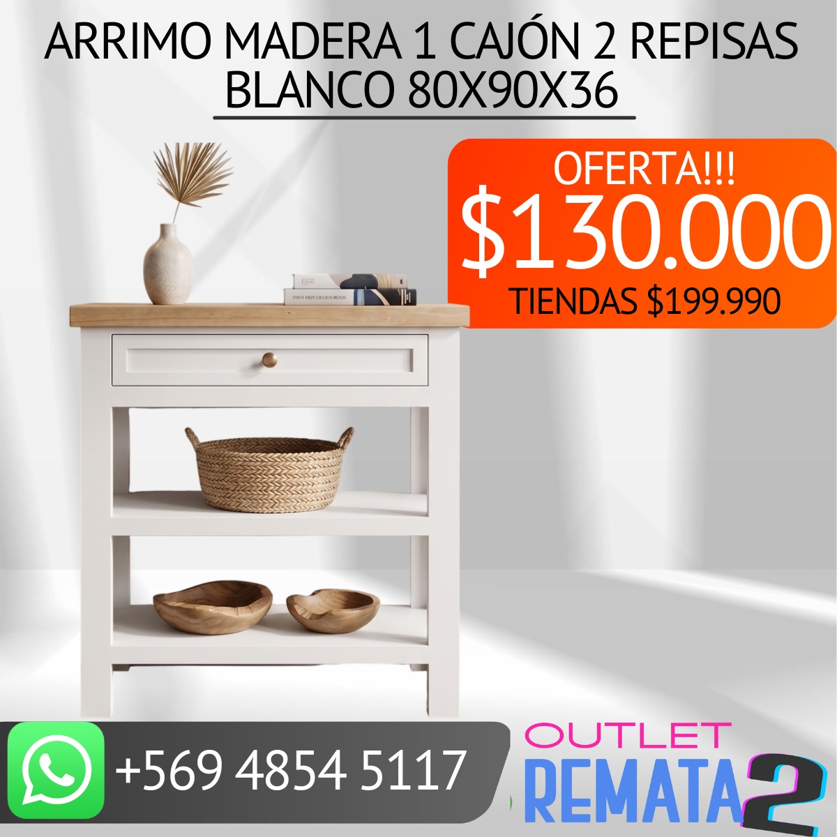 Arrimo madera 1 cajón 2 repisas blanco 80x90x36