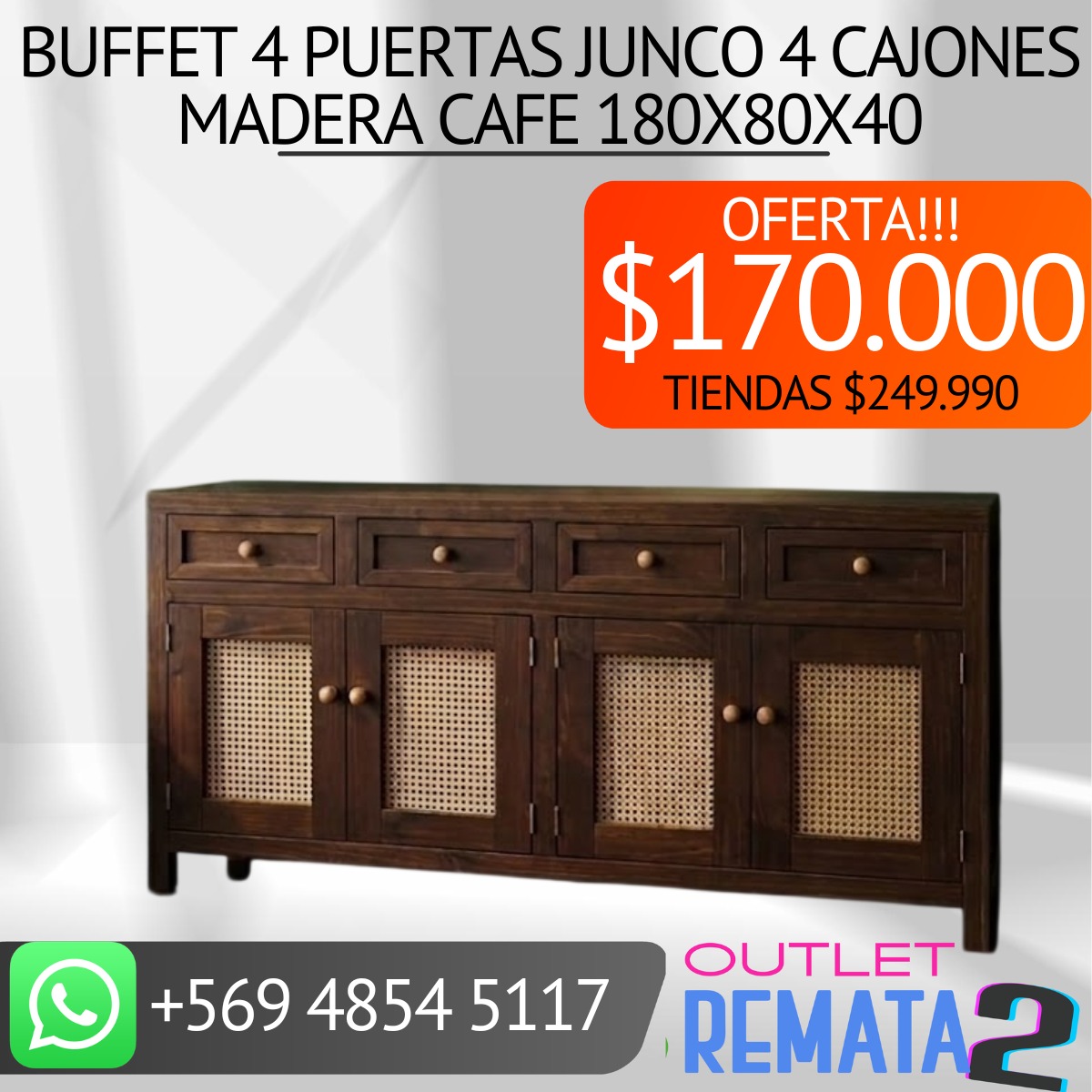 Buffet 4 puertas Junco 4 cajones madera café 180x80x40