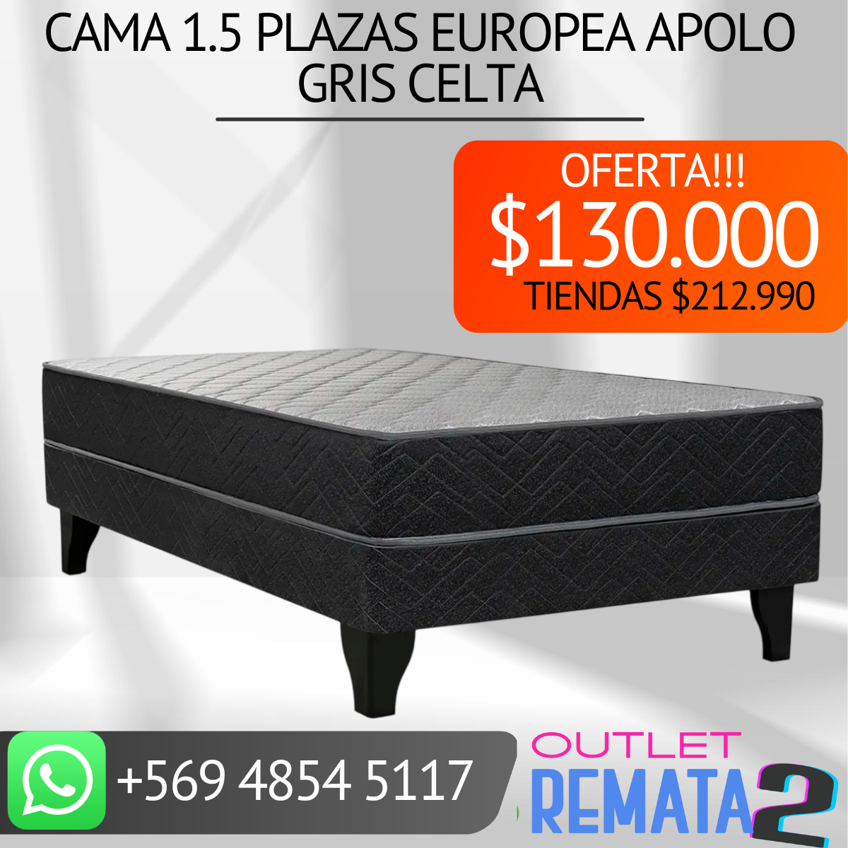 Cama 1.5 plazas Europea Apolo Gris CELTA