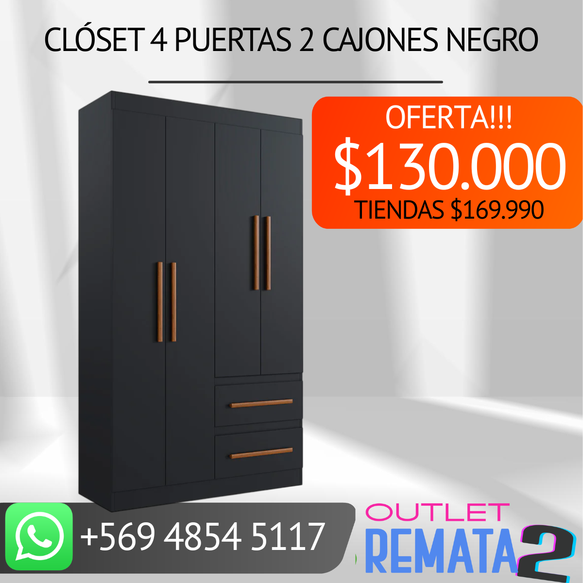 Clóset 4 puertas 2 cajones negro