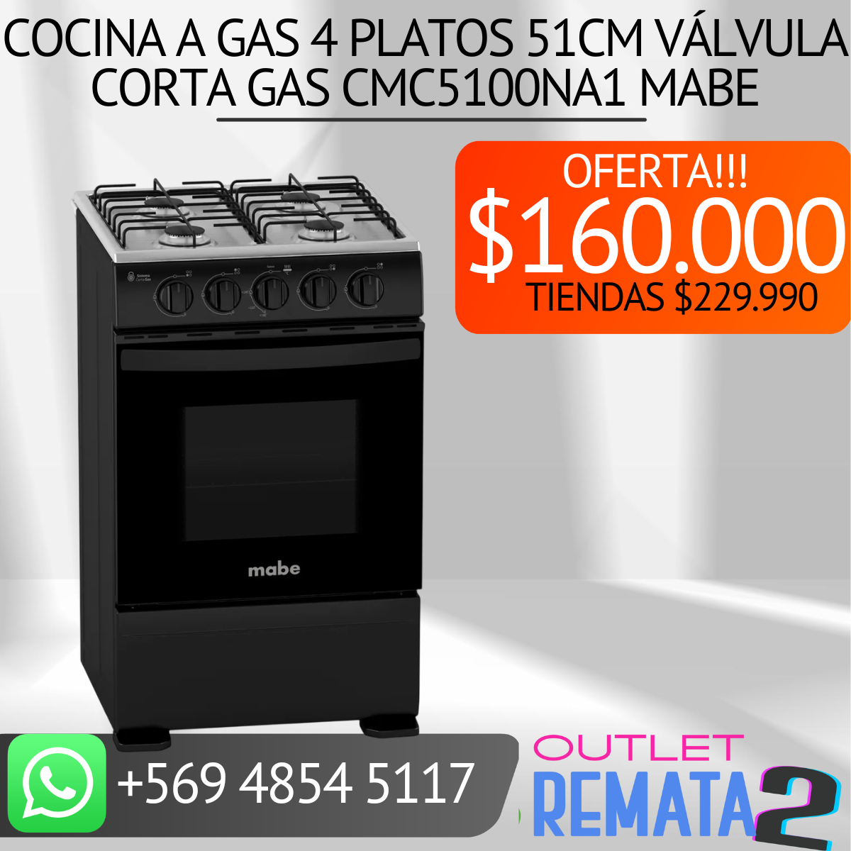 Cocina a Gas 4 platos 51cm válvula corta gas CMC5100NA1 Mabe
