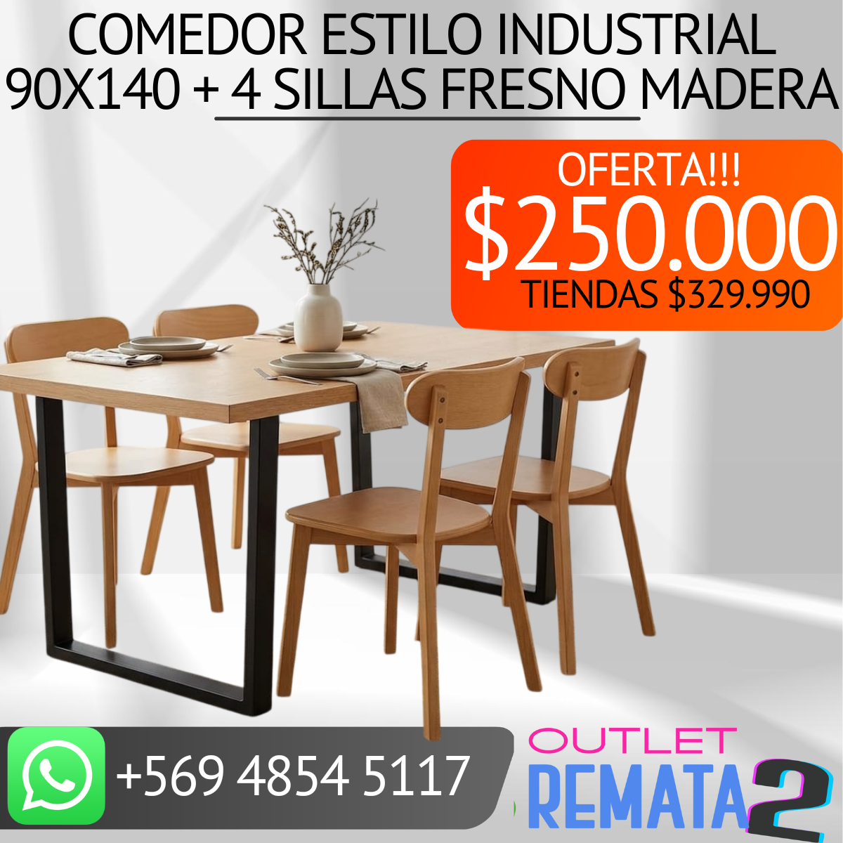 Comedor estilo industrial 90x140 + 4 sillas fresno madera